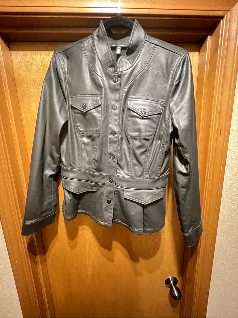 White House Black Market Black Coated Denim Military-Inspired Peplum Jacket